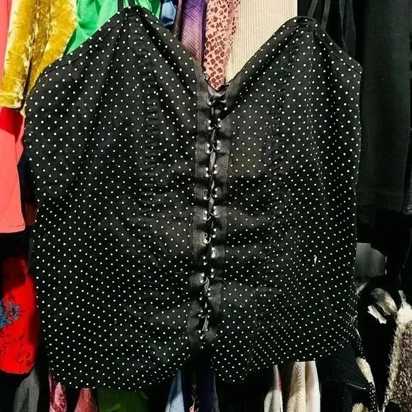 Black and White Polka Dot Bustier Corset Rhinestone Lace Up Top - Picture 1 of 8